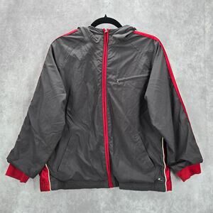 Tek Gear Gray‎ Red Full Zip Hooded Track Windbreaker Jacket Coat Large L 14/16